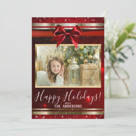 Red Sparkle Chic Bow Glam Holiday Feestdagenkaart (Staand voorkant)