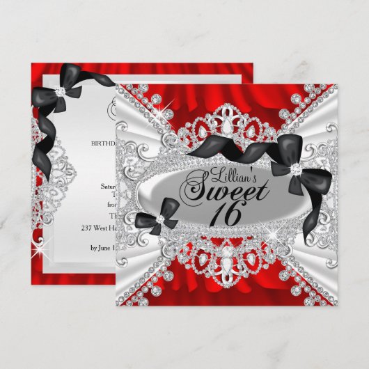 Red Sparkle Diamond & Bow Sweet 16 Invite Kaart (Voorkant / Achterkant)