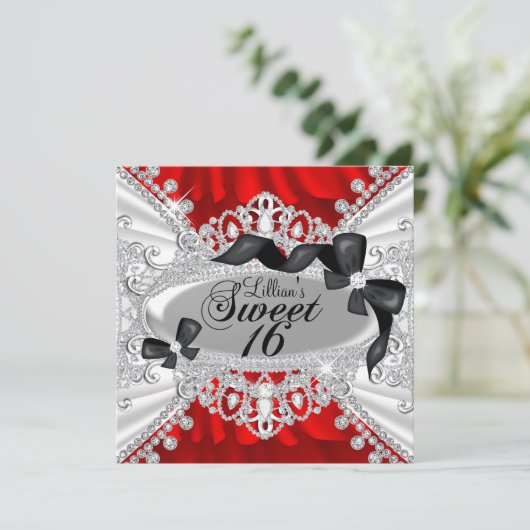 Red Sparkle Diamond & Bow Sweet 16 Invite Kaart (Staand voorkant)