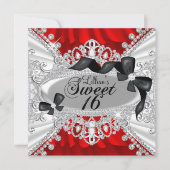 Red Sparkle Diamond & Bow Sweet 16 Invite Kaart (Voorkant)