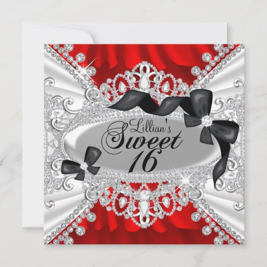 Red Sparkle Diamond & Bow Sweet 16 Invite Kaart (Voorkant)