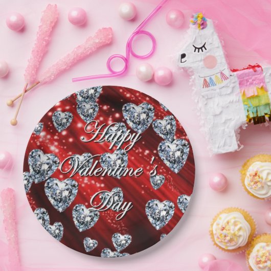Red Sparkle Diamond Hearts Napkins Papieren Bordje (Feest)