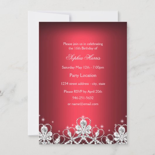 Red Sparkle Diamond Tiara Princess Sweet 16 Invite Kaart (Achterkant)