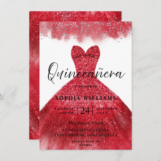 Red Sparkle Dress Quinceanera Party Invitation Kaart (Voorkant / Achterkant)