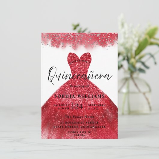 Red Sparkle Dress Quinceanera Party Invitation Kaart (Staand voorkant)