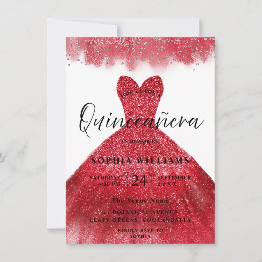 Red Sparkle Dress Quinceanera Party Invitation Kaart (Voorkant)