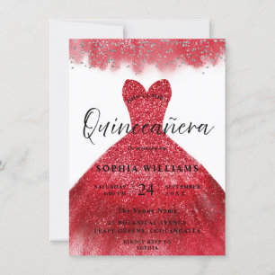 Red Sparkle Dress Quinceanera Party Invitation Kaart