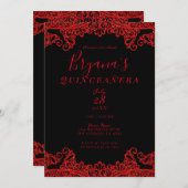 Red Sparkle Glitter Lace Black Quinceañera Kaart (Voorkant / Achterkant)