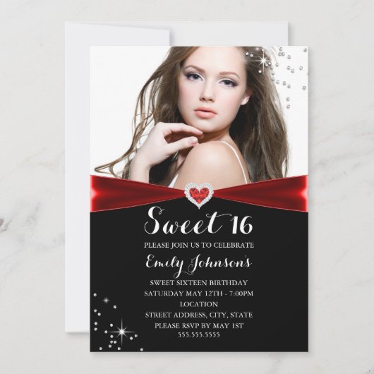 Red Sparkle Heart Sweet 16 Birthday Invitation Kaart (Voorkant)
