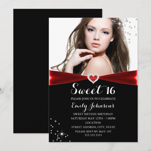 Red Sparkle Heart Sweet 16 Birthday Invitation Kaart (Voorkant / Achterkant)