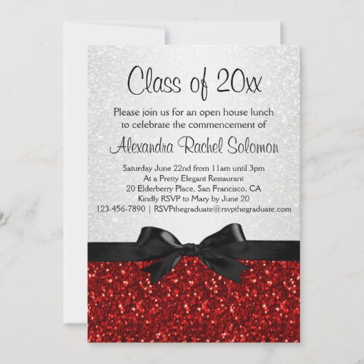 Red Sparkle-look Bow Afstuderen Invitation Kaart (Voorkant)