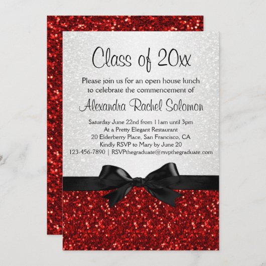 Red Sparkle-look Bow Afstuderen Invitation Kaart (Voorkant / Achterkant)