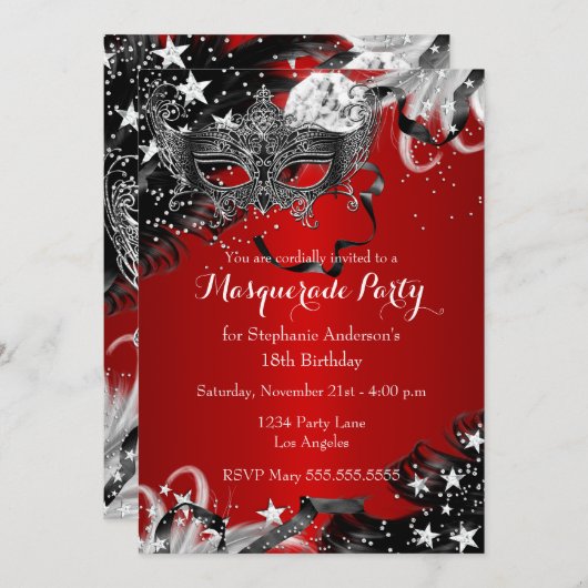 Red Sparkle Magical Night Masquerade Party Invite Kaart (Voorkant / Achterkant)