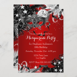 Red Sparkle Magical Night Masquerade Party Invite Kaart