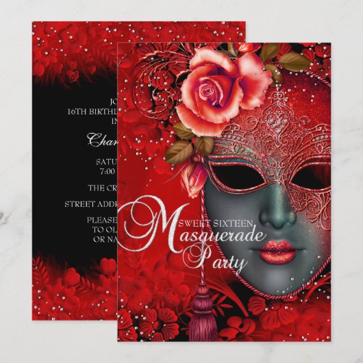 Red sparkle Mask Masquerade Sweet 16 Invite Kaart (Voorkant / Achterkant)