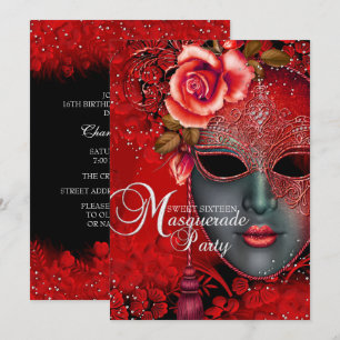 Red sparkle Mask Masquerade Sweet 16 Invite Kaart