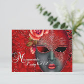 Red Sparkle Masquerade Party RSVP Kaart (Staand voorkant)