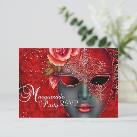 Red Sparkle Masquerade Party RSVP Kaart (Staand voorkant)