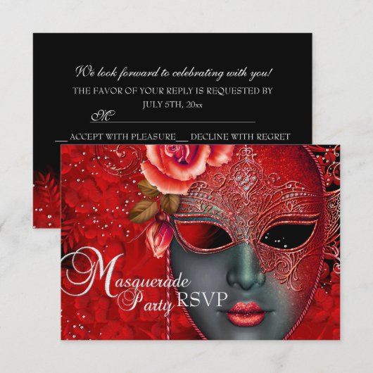 Red Sparkle Masquerade Party RSVP Kaart (Voorkant / Achterkant)