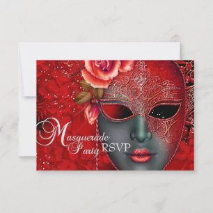 Red Sparkle Masquerade Party RSVP Kaart