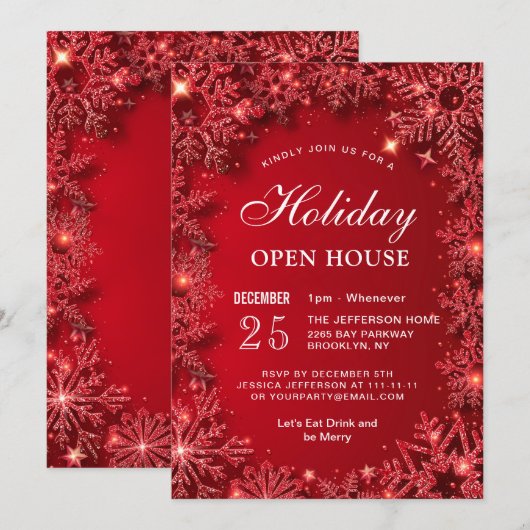 Red Sparkle Sneeuwvlok Kerstvakantie OPEN HUIS Kaart (Voorkant / Achterkant)