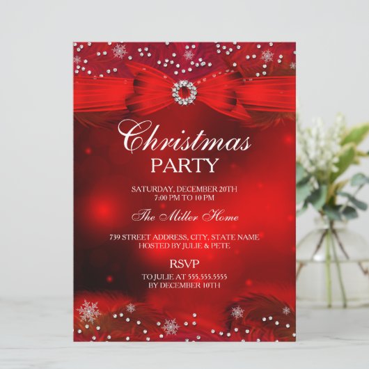 Red Sparkle Snowflake & Bow-kerstparty Invite Kaart (Staand voorkant)