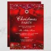 Red Sparkle Snowflake & Bow-kerstparty Invite Kaart (Voorkant / Achterkant)
