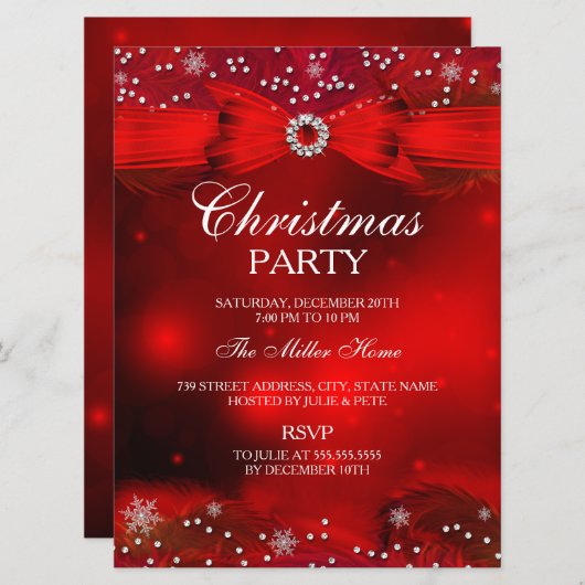 Red Sparkle Snowflake & Bow-kerstparty Invite Kaart (Voorkant / Achterkant)