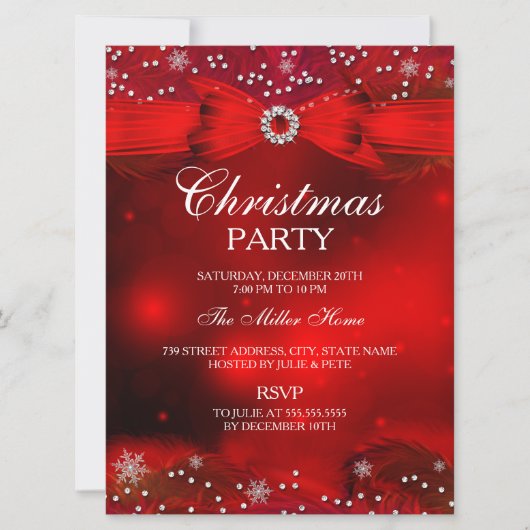 Red Sparkle Snowflake & Bow-kerstparty Invite Kaart (Voorkant)