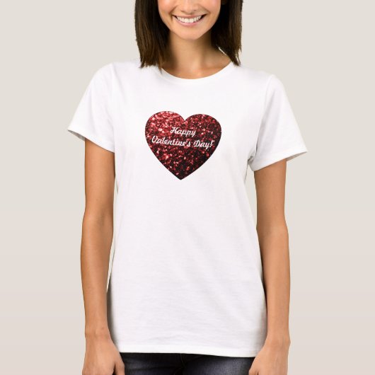 Red sparkles Heart Happy Valentine Day Personalise T-shirt (Voorkant)