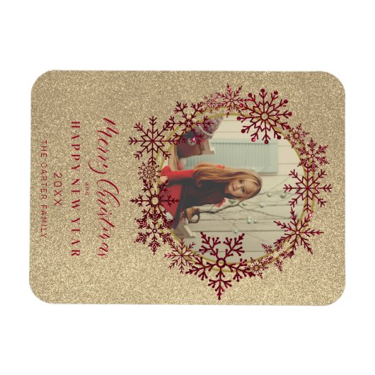 Red Sparkles Sneeuwvlokken Kerstmis Familie Foto Magneet (Horizontaal)