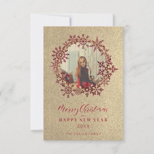 Red Sparkles Snowflakes Christmas Family Photo (Voorkant)
