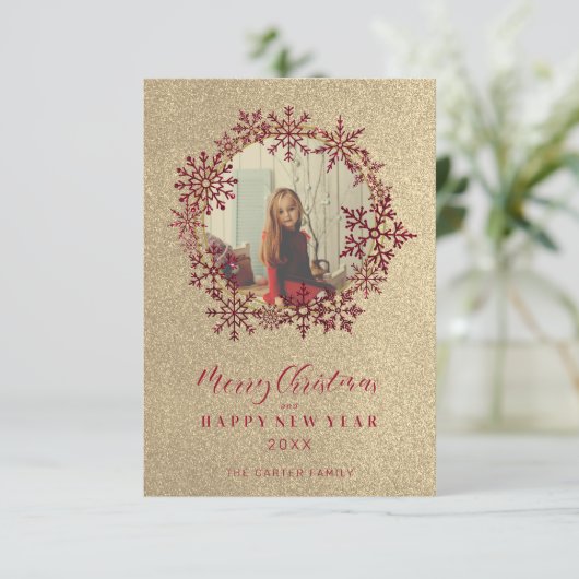 Red Sparkles Snowflakes Christmas Family Photo (Staand voorkant)
