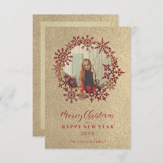 Red Sparkles Snowflakes Christmas Family Photo (Voorkant / Achterkant)