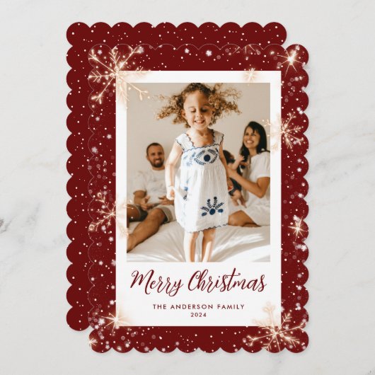 Red Sparkly Snowflake Foto Vrolijke Kerst Kaart (Voorkant / Achterkant)