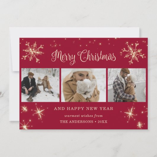 Red Sparkly Snowflake-fotokerstkaarten Feestdagenkaart (Voorkant)
