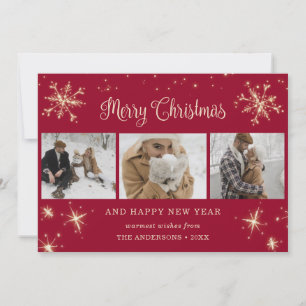 Red Sparkly Snowflake-fotokerstkaarten Feestdagenkaart
