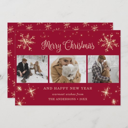 Red Sparkly Snowflake-fotokerstkaarten Feestdagenkaart (Voorkant / Achterkant)