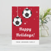 Red & Sparkly Voetbal Ornament Sportthema Feestdagenkaart (Staand voorkant)