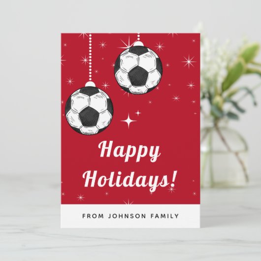 Red & Sparkly Voetbal Ornament Sportthema Feestdagenkaart (Staand voorkant)