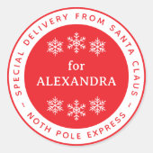 Red Special Delivery from Santa North Pole Name Ronde Sticker (Voorkant)