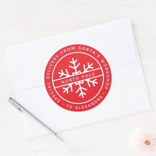 Red Special Delivery from Santa to Name North Pole Ronde Sticker (Envelop)