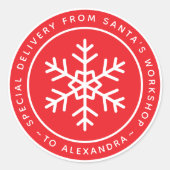 Red Special Delivery from Santa to Name Snowflake Ronde Sticker (Voorkant)