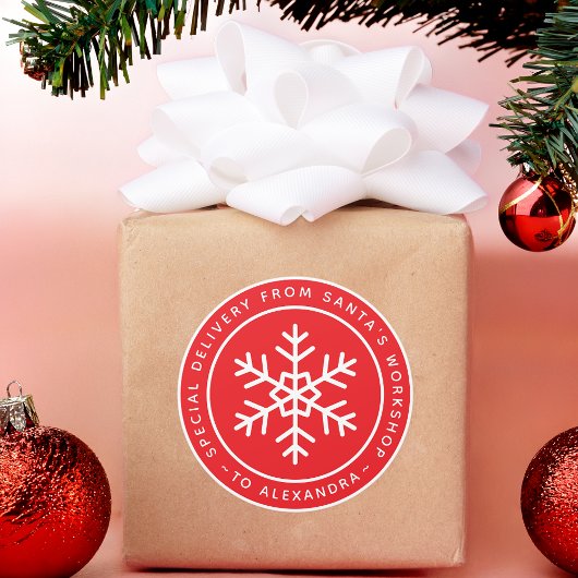 Red Special Delivery from Santa to Name Snowflake Ronde Sticker