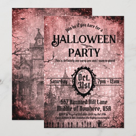 Red Spooky Haunted House Halloween Party Kaart (Voorkant / Achterkant)