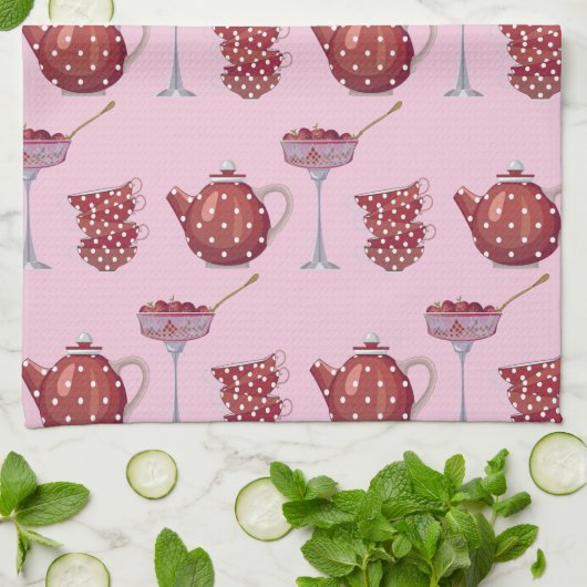 Red Spotty Tea Set and Strawberries Pink Pattern Theedoek (Gevouwen)