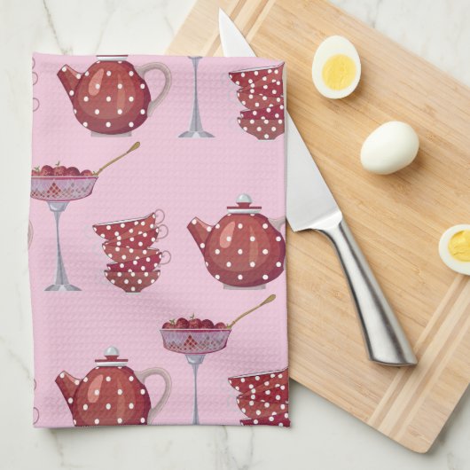Red Spotty Tea Set and Strawberries Pink Pattern Theedoek (Quarter Fold)