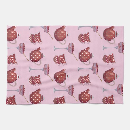 Red Spotty Tea Set and Strawberries Pink Pattern Theedoek (Horizontaal)