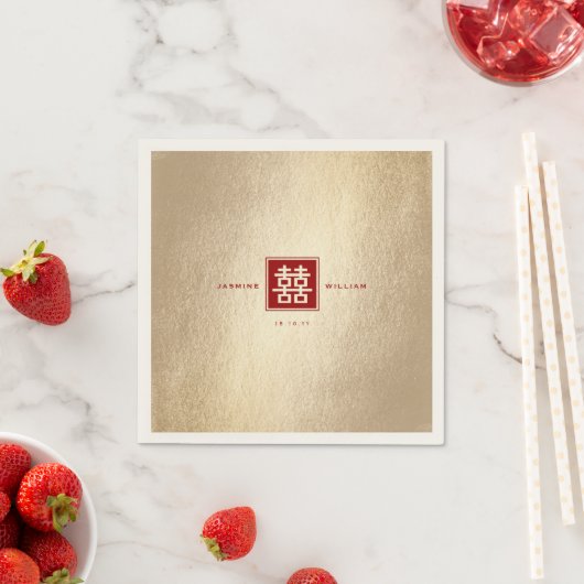 Red Square Double Happiness Gold Chinese Weddensch Servet (Insitu)