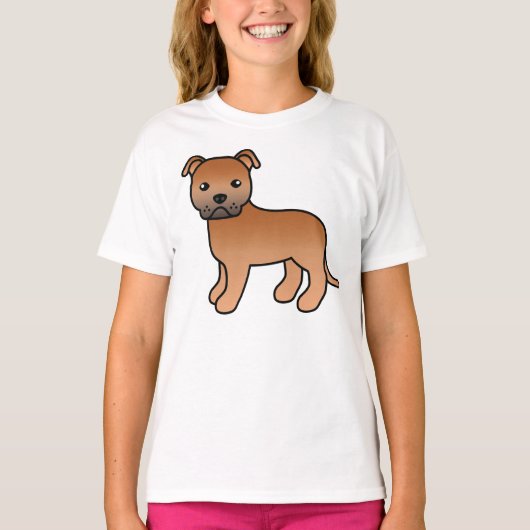 Red Staffordshire Bull Terrier Cartoon Dog T-shirt (Voorkant)